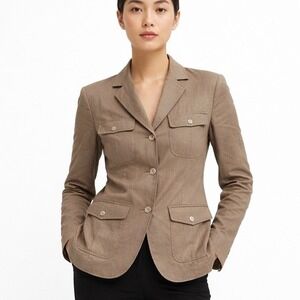 Theory Women Luna Linen Blend Safari Blazer Size 8 Taupe Tailored Jacket Coastal